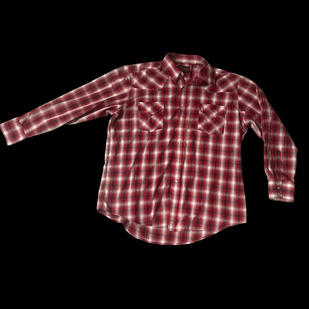 Vintage Plains Western Wear Red Plaid Pearl Snap Shirt XL Cowboy Long Sleeve - Picture 2 of 7